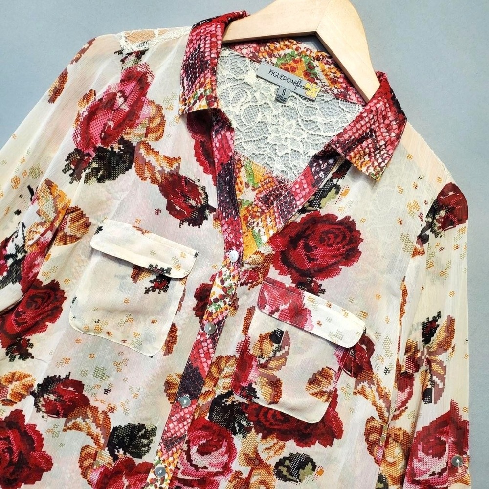 Figueroa & Flower Floral Sheer Lace Blouse Women Small Red Boho Cottagecore‎ Y2K